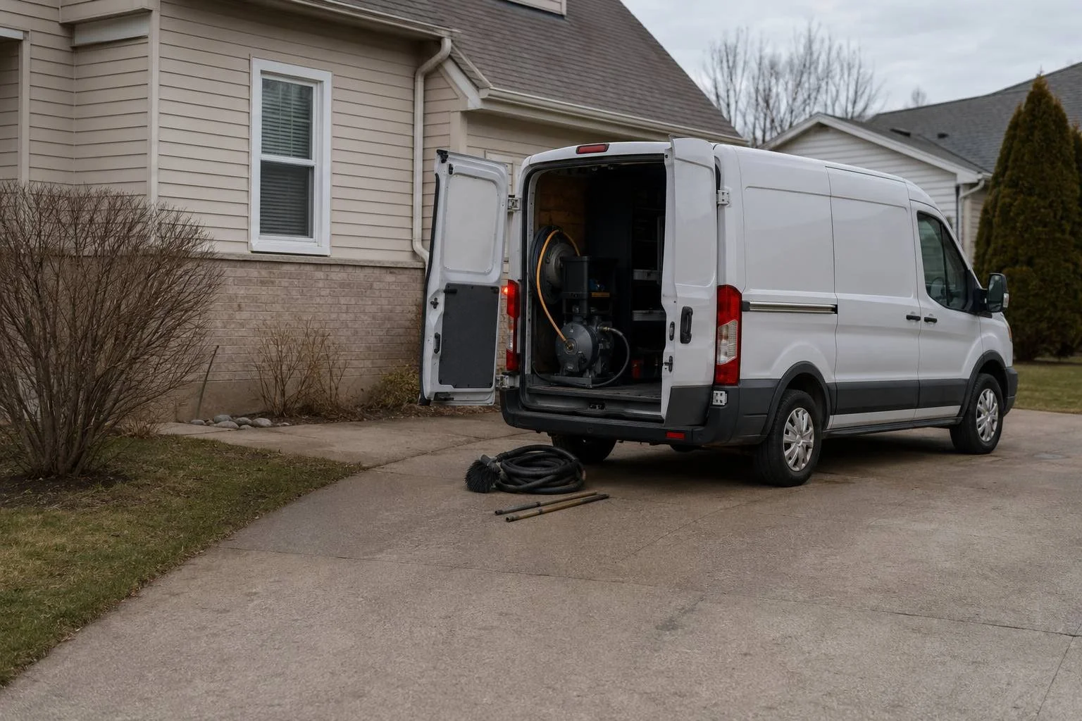 A single white cargo van at a home, rear doors open with dryer-vent rods and vacuum staged on the driveway
