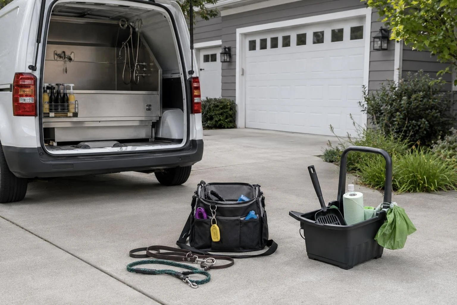 An open grooming van in a driveway staged with leashes, a training tote, and a pet waste removal caddy — a pet-services cluster