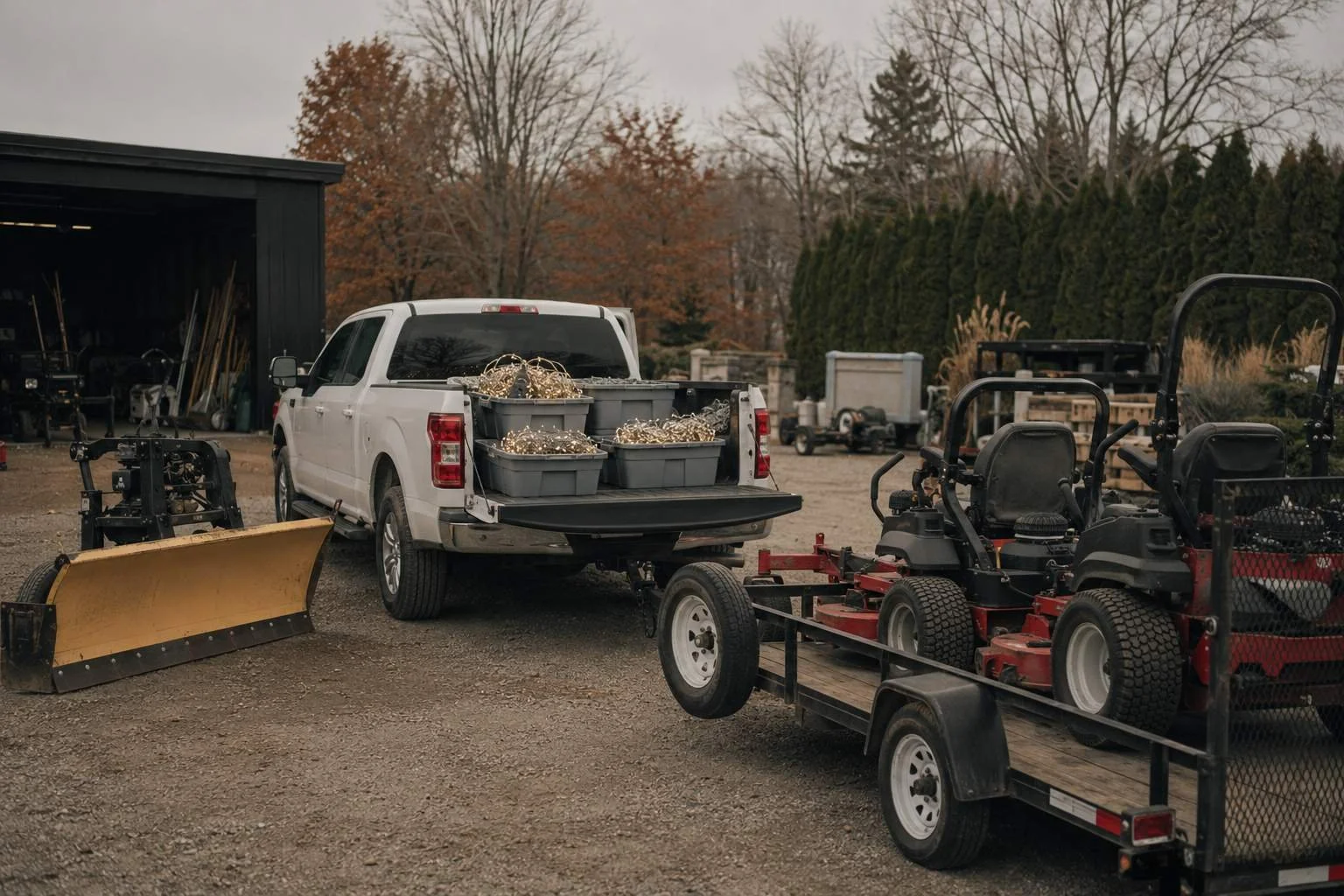 A pickup and mower trailer parked beside a plow blade and a bin of holiday lights in a contractor yard