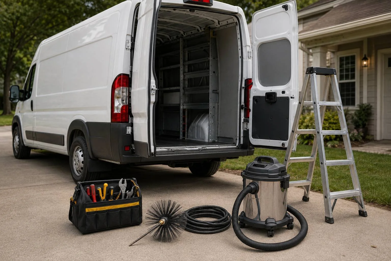 An appliance-repair van at one home alongside handyman and dryer-vent tools