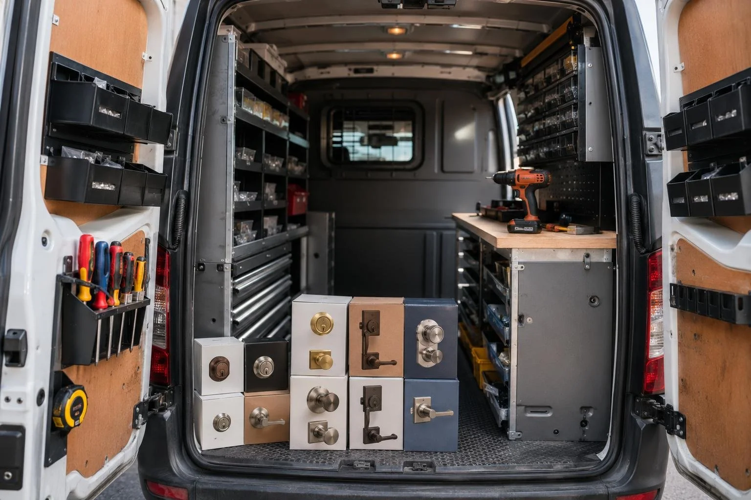 The interior of a locksmith van staged with tools, a drill, screwdrivers, and boxed lock hardware — the equipment of the business