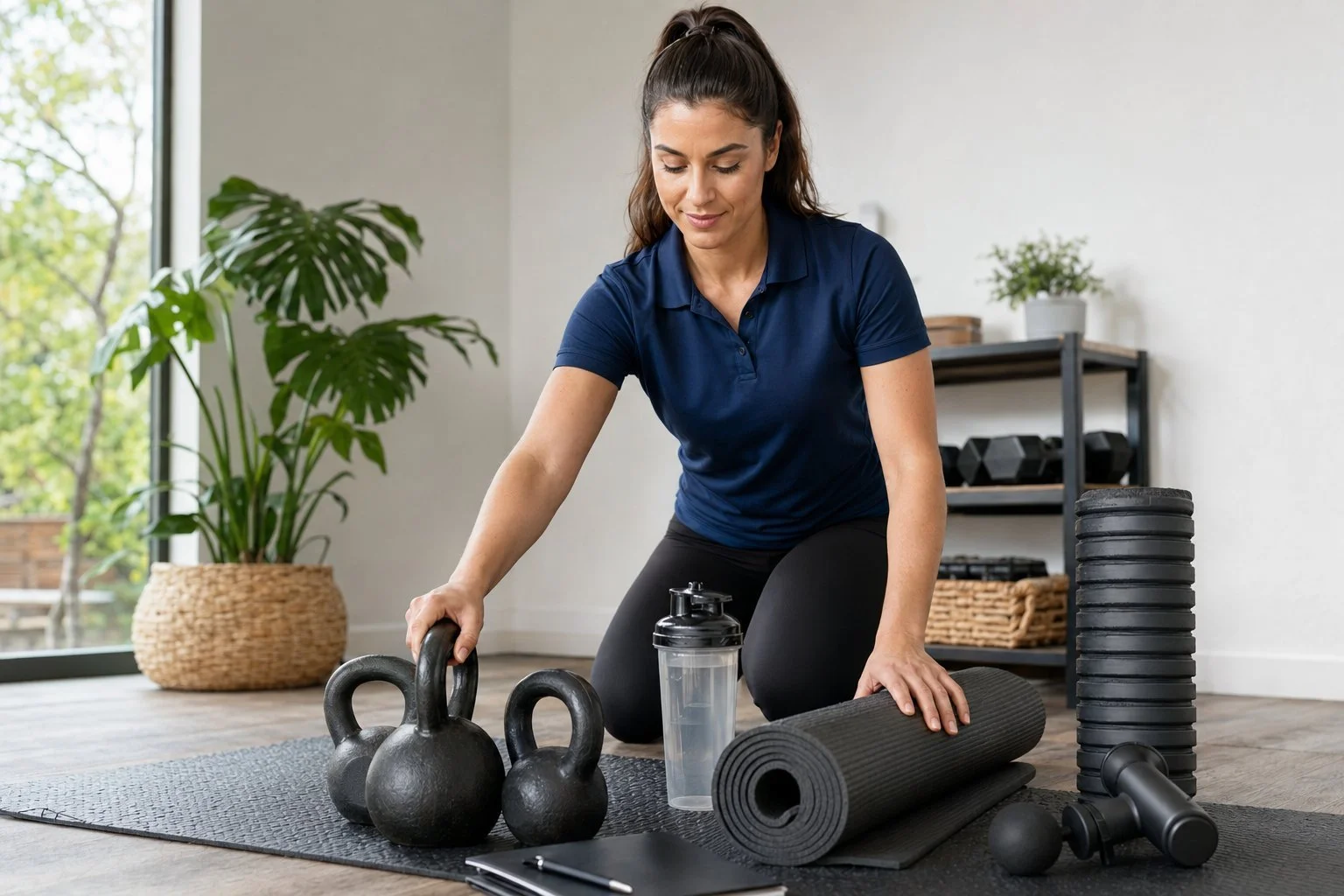 A trainer arranging kettlebells, a mat, a shaker bottle, and recovery tools — signaling a training, nutrition, and recovery wellness cluster