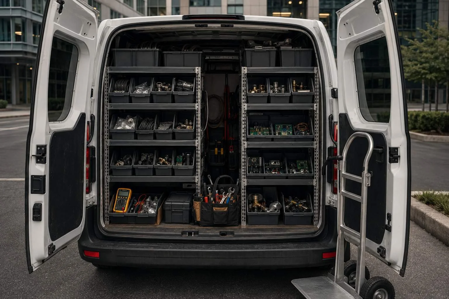 A van staged with appliance-repair gear — a diagnostic multimeter, hand tools, and replacement parts in bins