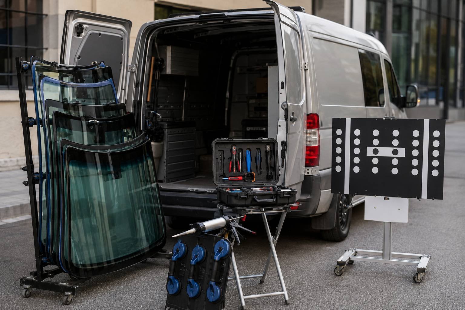 Mobile auto glass startup gear staged behind an open van — a rack of windshields, a urethane gun, setting tools in a case, suction cups, and an ADAS calibration target board
