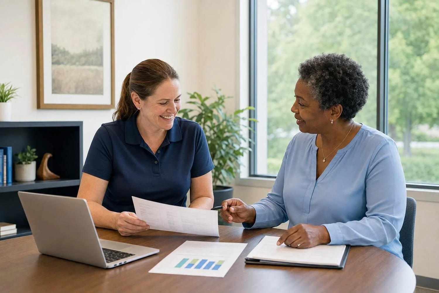 The same pet boarding owner, in her navy polo, sitting at a table with a community lender in a light blue blouse, the two of them going through printed financial statements and an occupancy chart together
