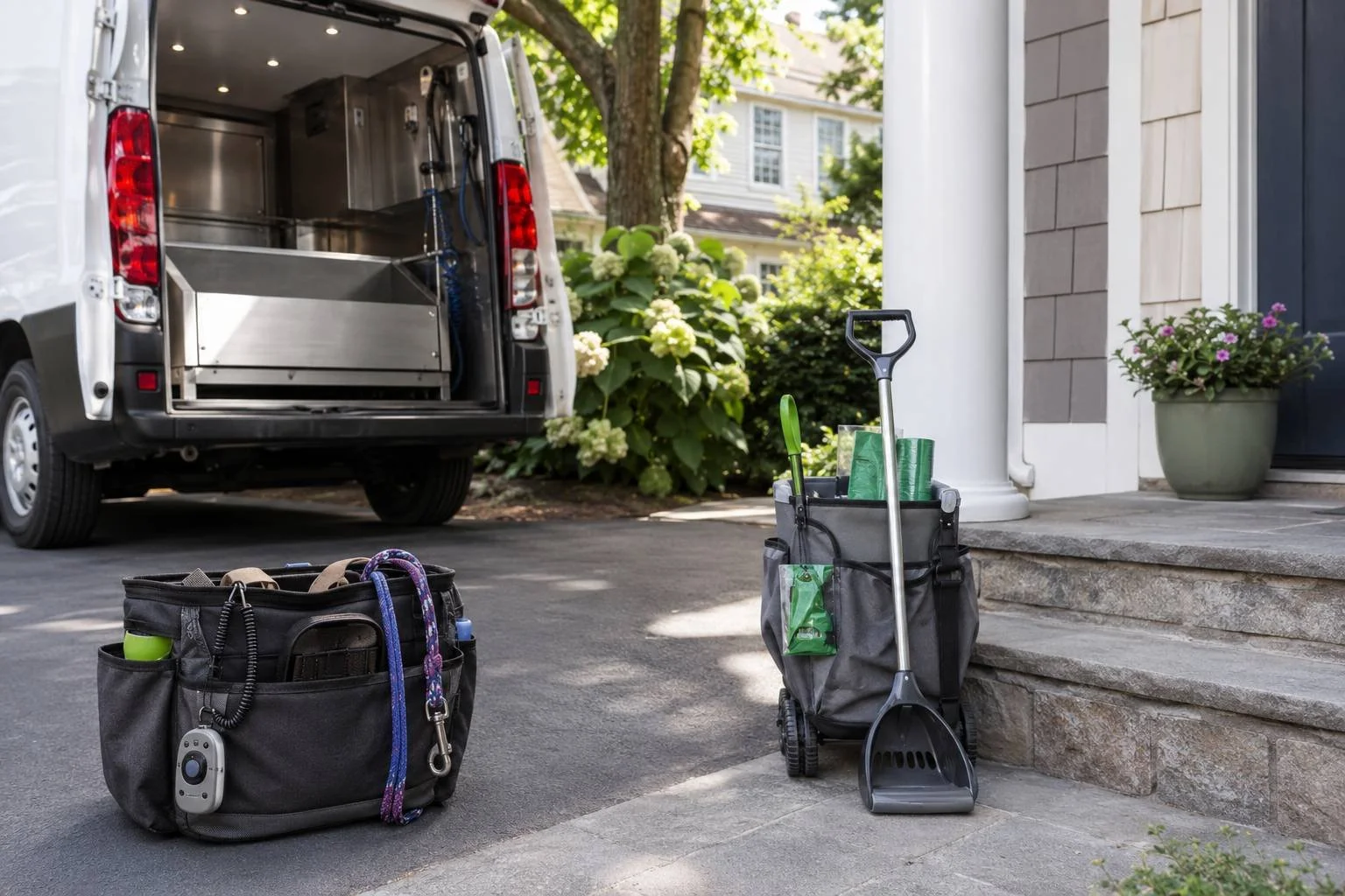 A grooming van, a training bag, and a pet-waste-service caddy staged at one home — a pet-services cluster