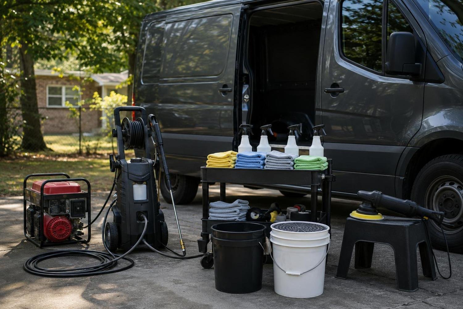 A detailing startup kit staged in a driveway: a generator, a pressure washer, a cart of microfiber towels and spray bottles, buckets and a dual-action polisher