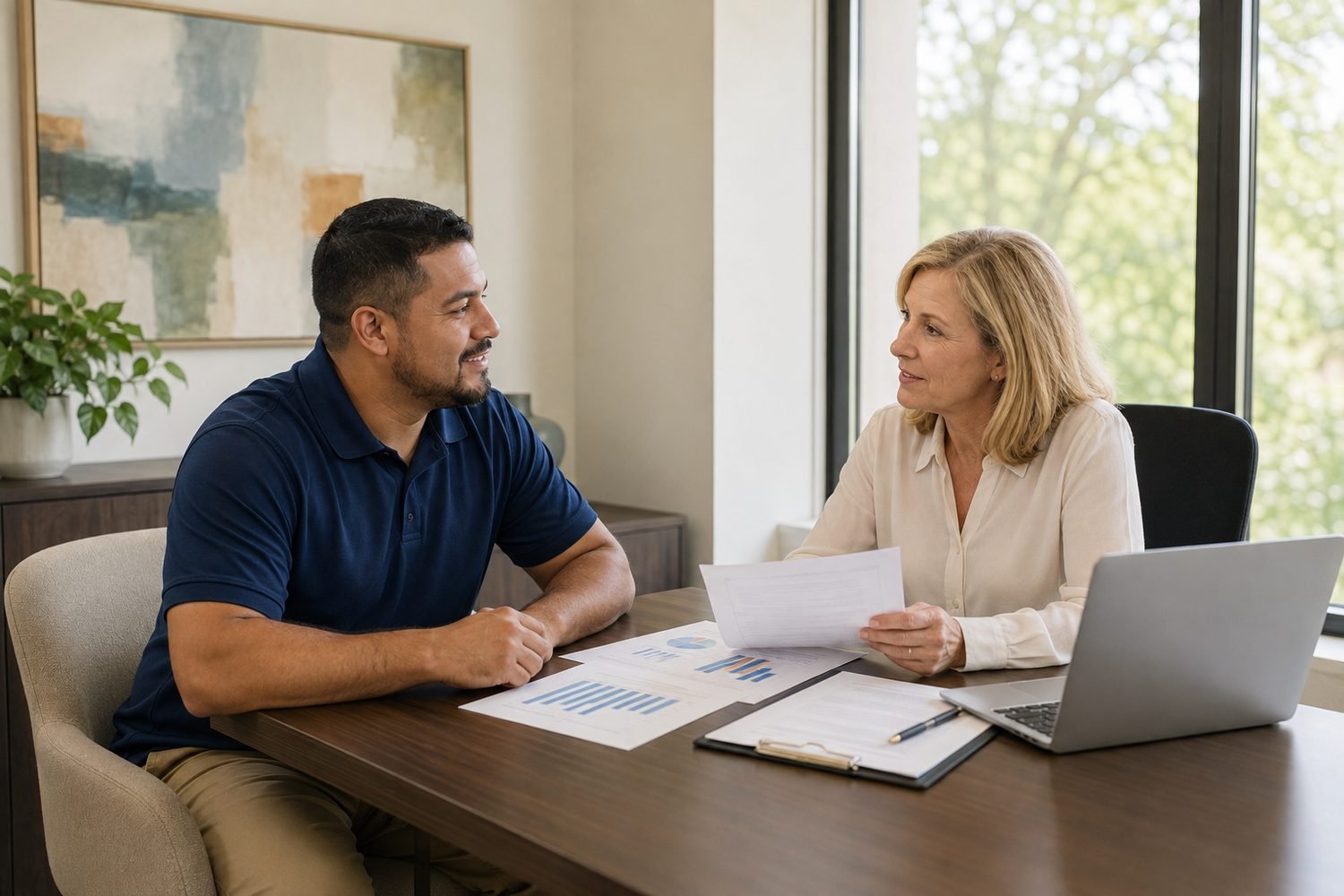 The same power washing owner, in his navy polo and khakis, sitting at a table with a community lender in a cream blouse, the two of them going through printed financial statements and a contract schedule together