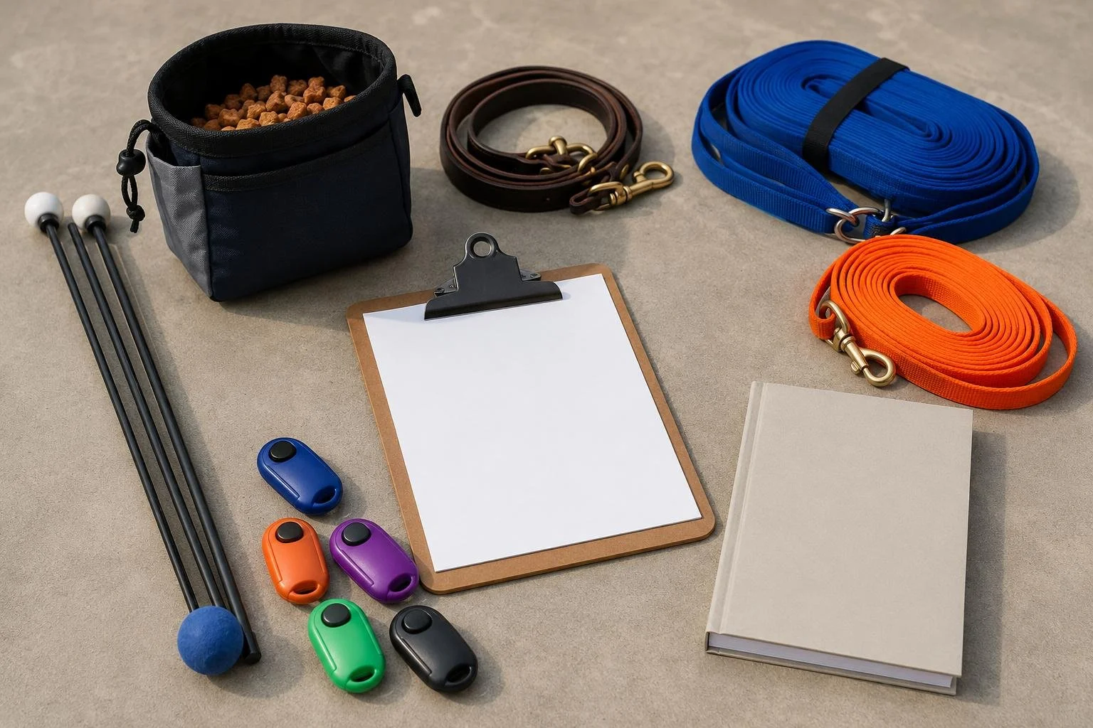 A dog training kit laid out — a treat pouch, clickers, leashes and long lines, target sticks, a clipboard, and a training manual
