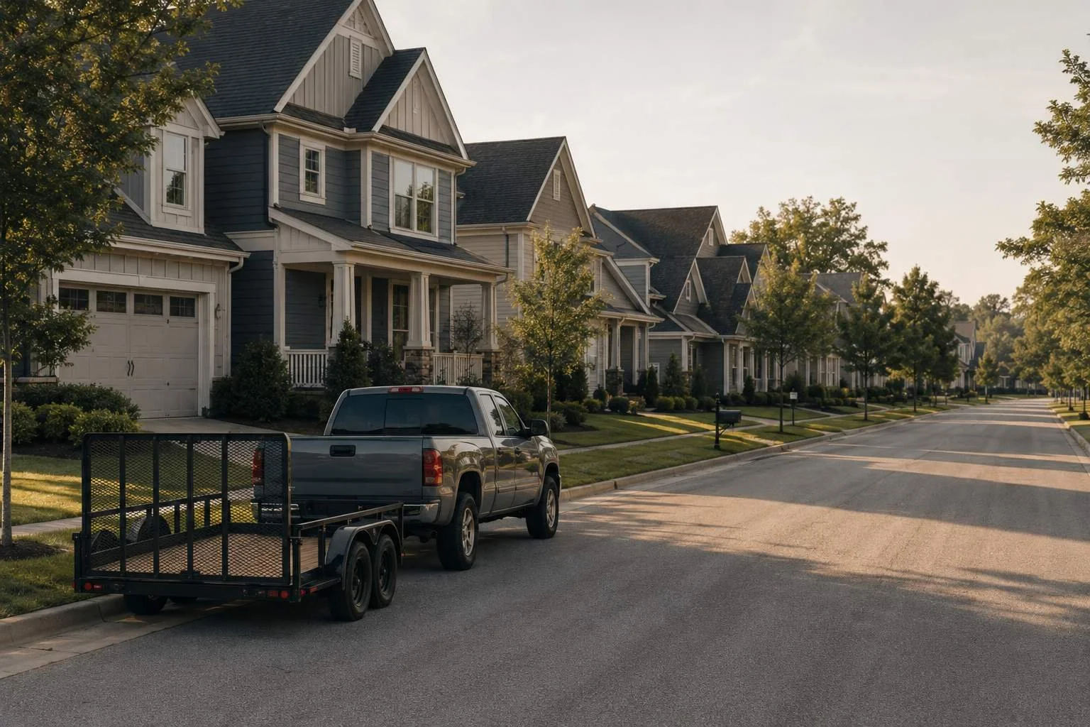 A single operator and trailer parked on a long residential street of mown lawns