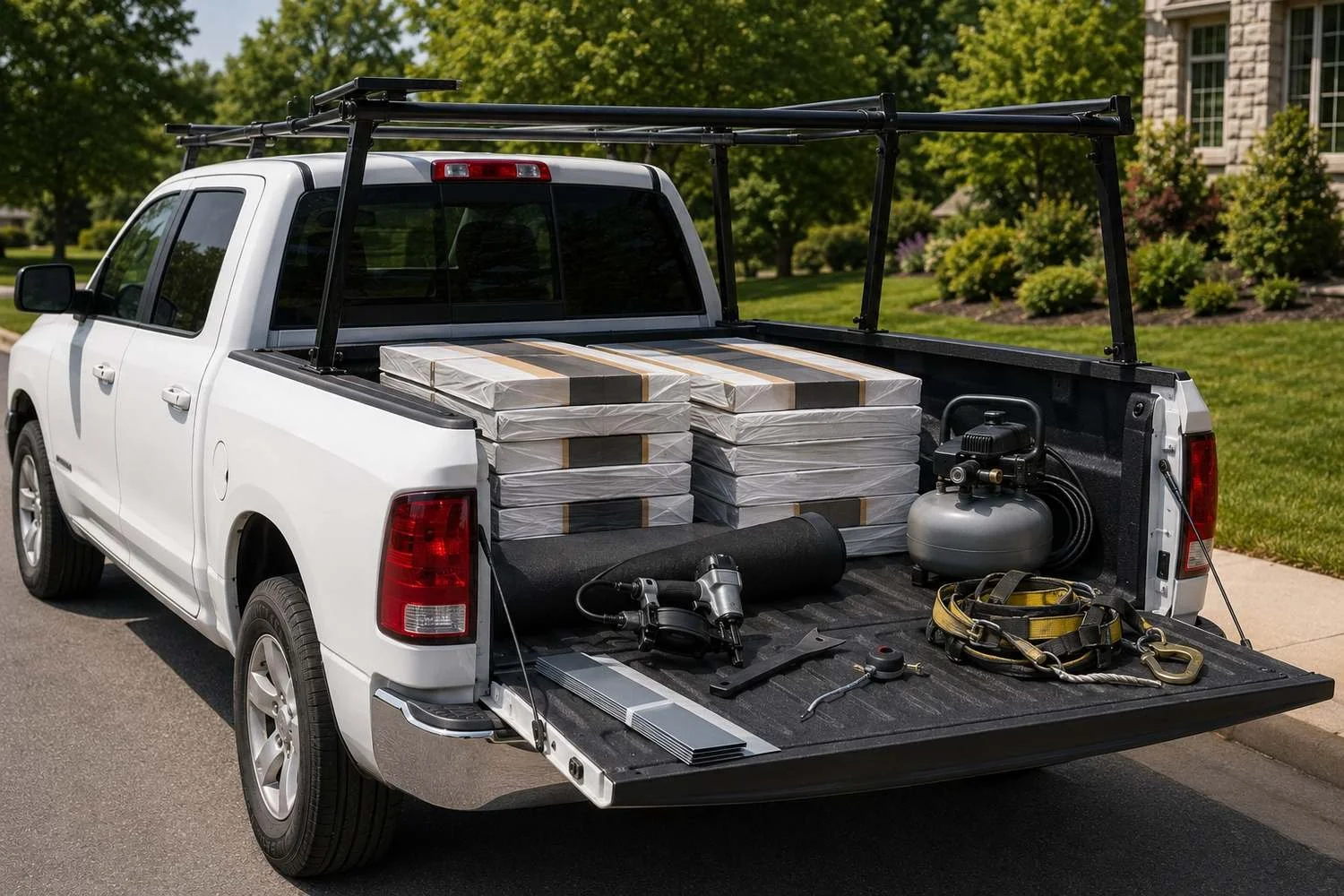 Roofing startup gear laid out in the bed of the same white pickup — stacked bundles of shingles, a coil nailer, a small air compressor, a roll of underlayment, lengths of drip edge, and a fall-protection harness coiled with its lanyard