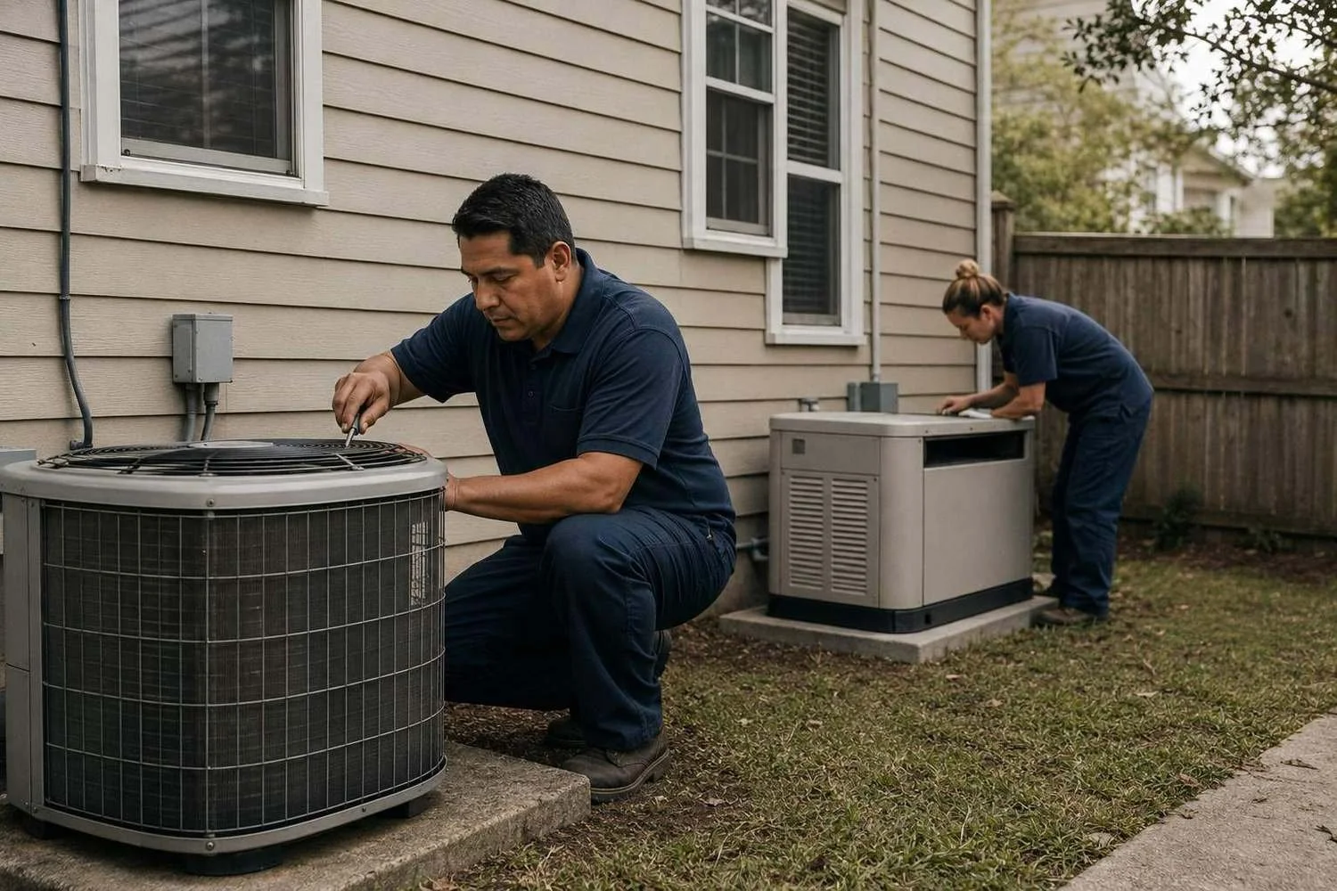 An HVAC van beside plumbing tools and a standby generator at one home, the trades that stack on the same customer