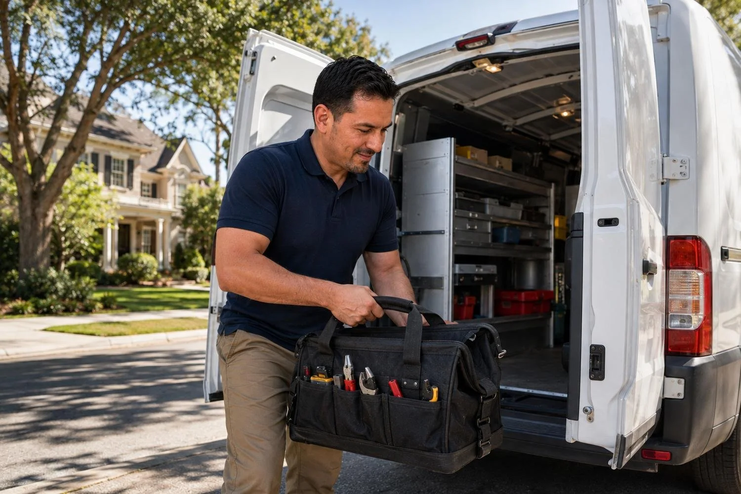 The same plumber lifting a loaded tool bag from the open rear doors of his white service van, the shelved interior visible behind him, parked at the curb of a quiet street of large houses and mature trees