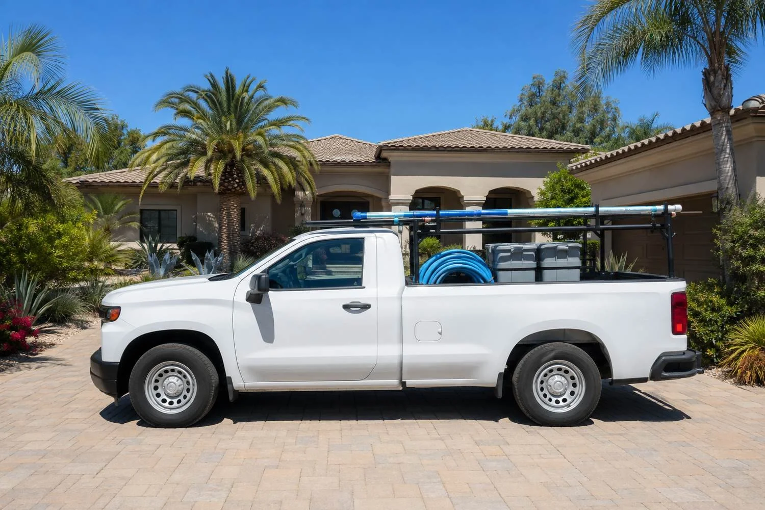 A white service pickup with a black utility rack carrying telescoping poles, a coiled blue vacuum hose and covered chemical bins in the bed, parked on the paver driveway of a single-storey tile-roofed home among palms and desert planting