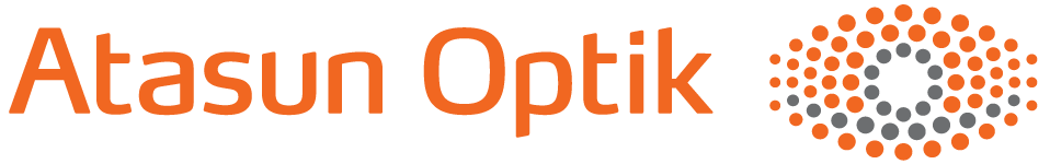 Atasun Optik logosu, büyük turuncu harflerle yazılmış ve sağda renkli dairesel desen bulunuyor.