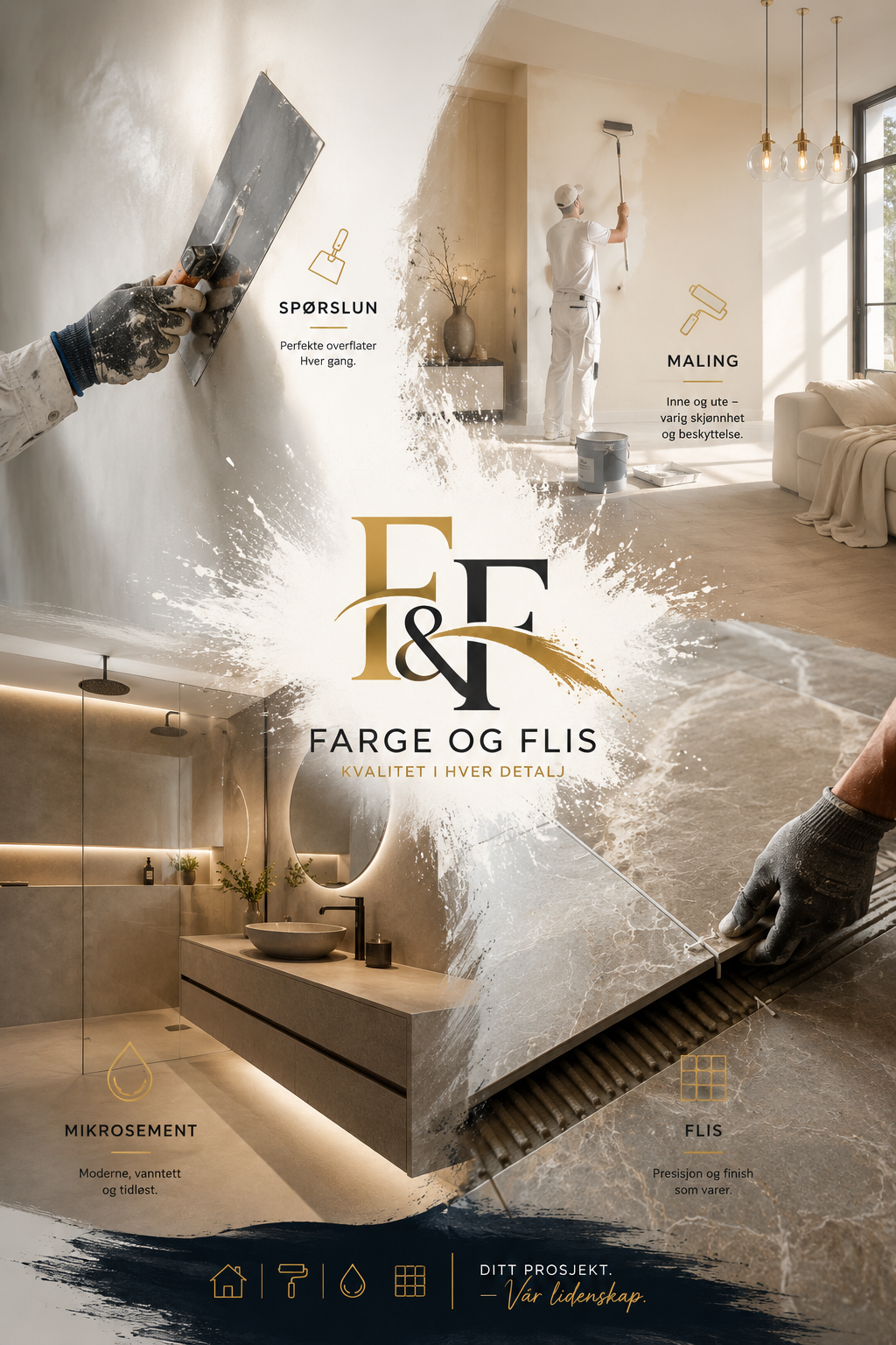 Brochure for Farge og Flis med bilder av maling, flislegging, vegg og gulv, og verktøy, samt tekst om tjenester som sparkling, maling, mikrosement og flislegging.