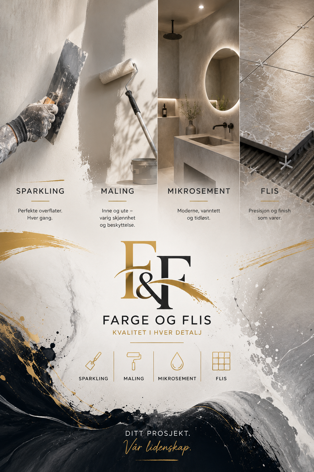 Banner med bilder av malerarbeid, bad med speil og vask, og fliser, som reklamerer for farger og flis med fokus på sparkling, maling, mikrosement og fliser.
