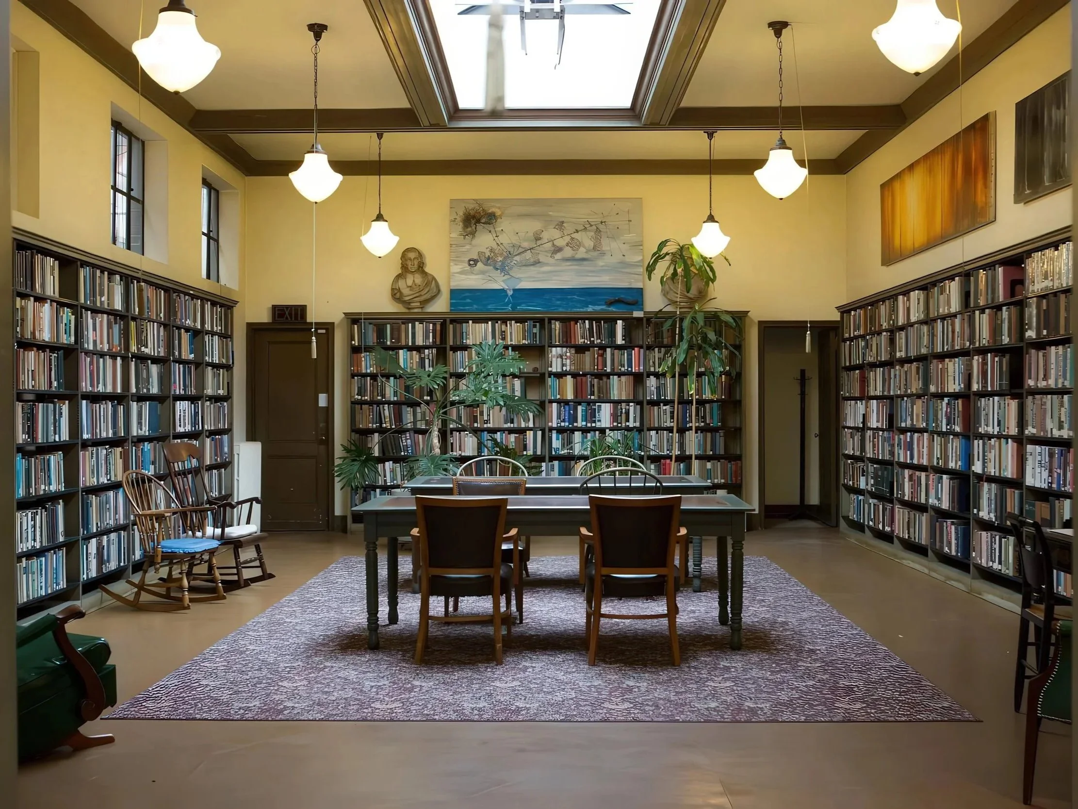 A cozy library room with yellow walls, surrounded by tall bookshelves filled with books. In the center, there's a wooden table with four chairs around it, a hanging light fixture, and a beige rug on the floor. The room has a skylight, large windows, 