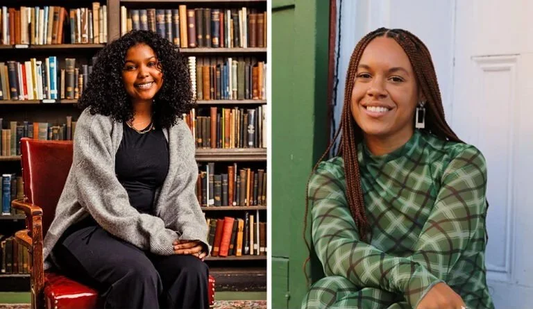 Two women smiling; one sitting in front of a bookshelf and the other posing indoors against a green wall and white door.