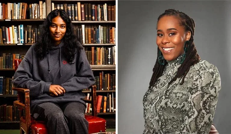 A woman sitting in a chair in front of a bookshelf on the left, and another woman posing against a gray background on the right.