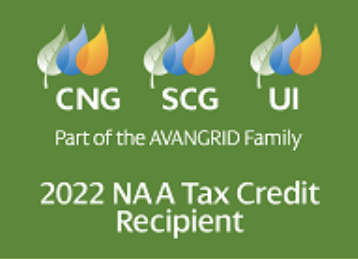 Green background with three flame icons labeled CNG, SCG, and UI, and text indicating they are part of the AVANGRID family, along with a note that reads 2022 NAA Tax Credit Recipient.