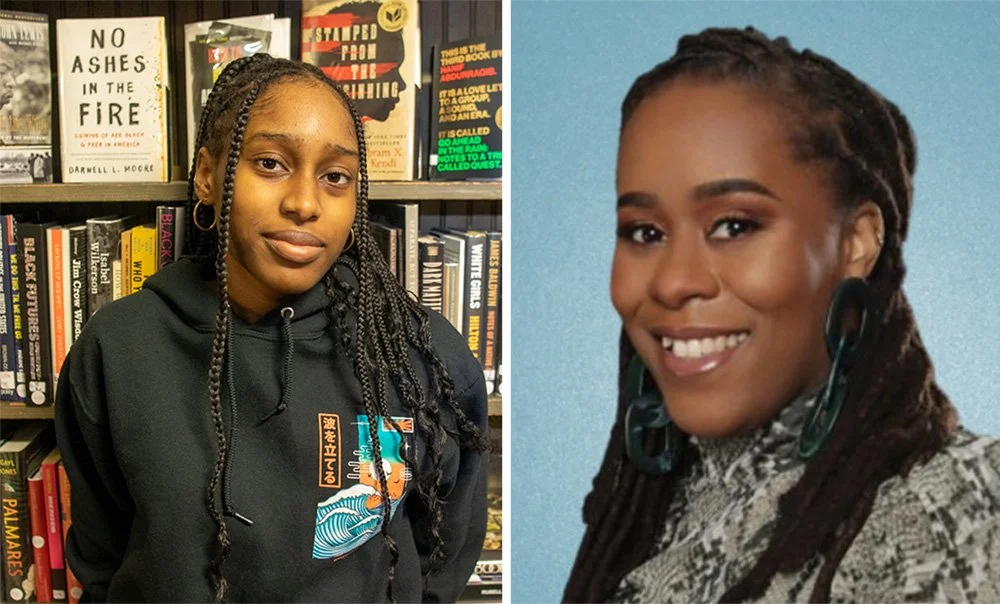 A side-by-side comparison of two women with dreadlocks. The woman on the left is in front of a bookshelf wearing a black hoodie, and the woman on the right is smiling with a light blue background, wearing a patterned top and large earrings.