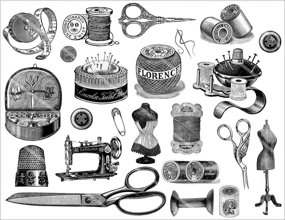 Black and white illustration of various sewing and tailoring tools, including scissors, thimbles, thread spools, sewing machines, dress form, pins, buttons, and other sewing accessories.