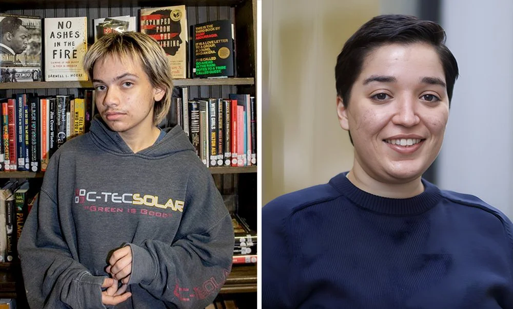 Two women are shown in this split-image photo. The woman on the left has short blond hair, a gray hoodie, and is standing in front of a bookshelf filled with books. The woman on the right has short dark hair, a navy blue top, and is smiling against a plain background.
