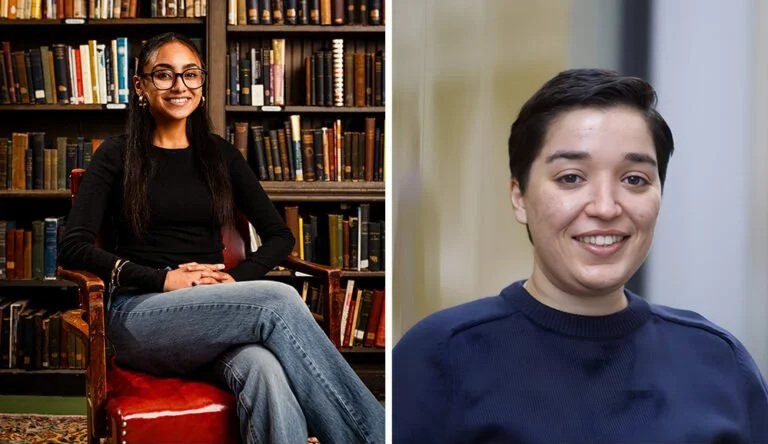 A split image showing a woman with long dark hair and glasses sitting on a red chair in front of a bookshelf, smiling, and a person with short dark hair wearing a navy blue shirt, smiling in front of a plain background.