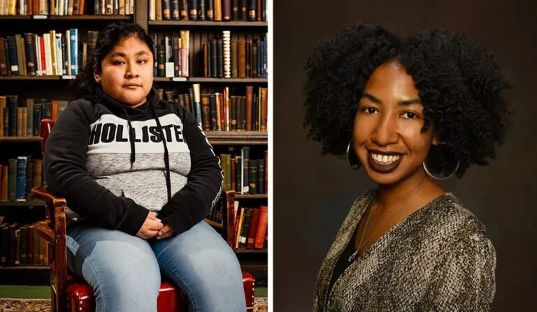 Side-by-side portraits of two women: one sitting in a library, wearing a grey and black hoodie, and the other smiling against a dark background with curly hair and wearing a shiny silver top.
