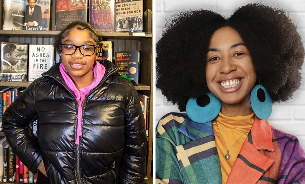 A girl wearing glasses, a black puffer jacket, and a pink hoodie stands in front of bookshelves. Another woman with large natural hair, big blue earrings, a colorful jacket, and a yellow top is smiling in front of a white brick wall.