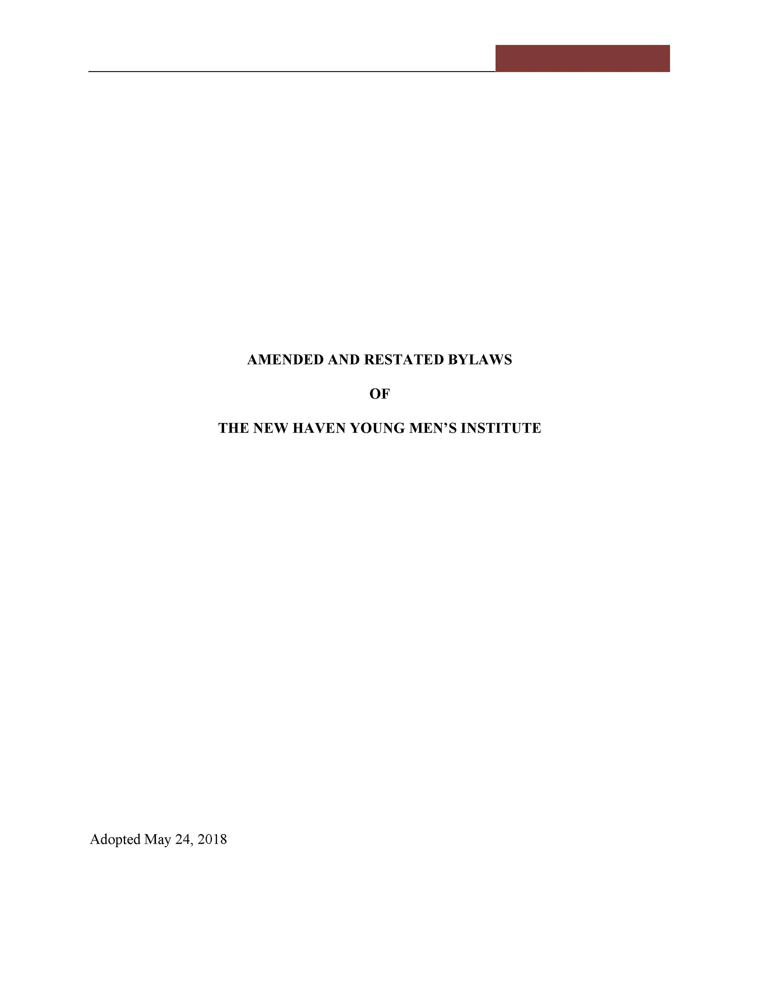 Cover page of a document titled "Amended and Restated Bylaws of The New Haven Young Men's Institute," with a maroon rectangle in the top right corner and the date "Adopted May 24, 2018" at the bottom.