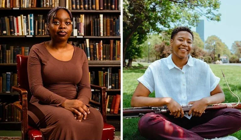 Split image of two women, one sitting in a library and the other outdoors on grass with a bicycle.