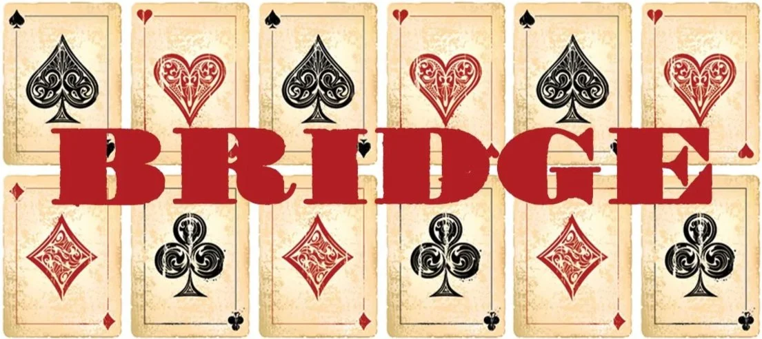 A row of playing cards with various suits, overlaid by the word 'BRIDGE' in large red letters.