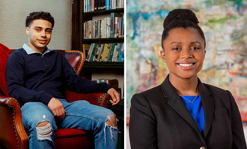 Side-by-side photos of a young man sitting in a library and a young woman in professional attire standing against an abstract colorful background.