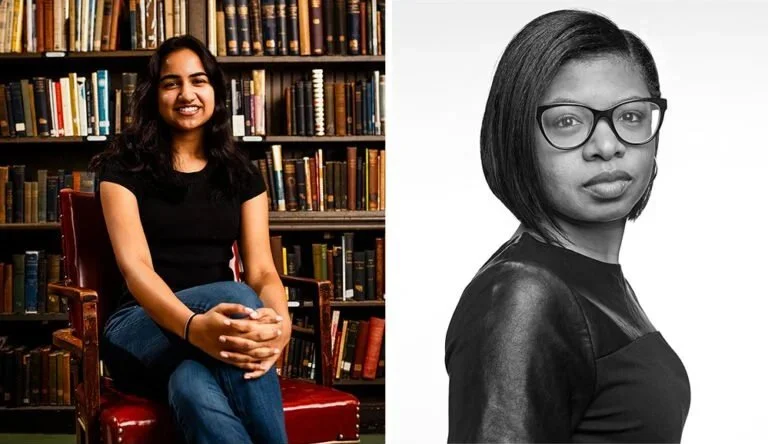 Side-by-side photo of two women, one sitting in a library with bookshelves in the background, smiling and wearing a black top, the other wearing glasses and a black top, with a serious expression and a plain background.