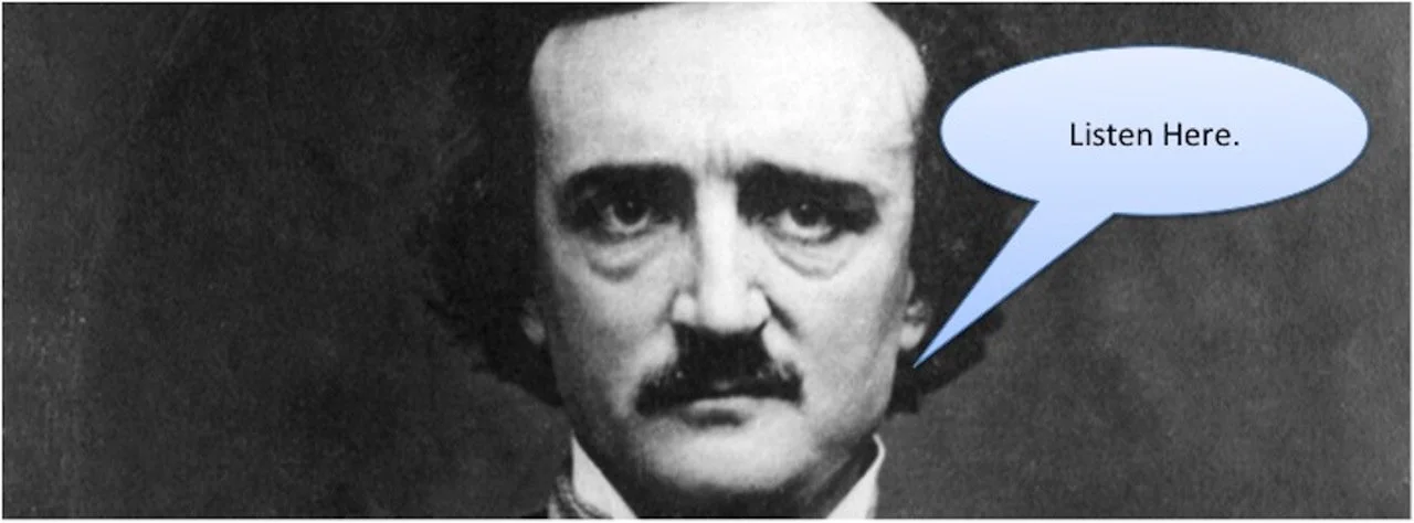 Black and white portrait of a man with a mustache, with a speech bubble saying 'Listen Here.'