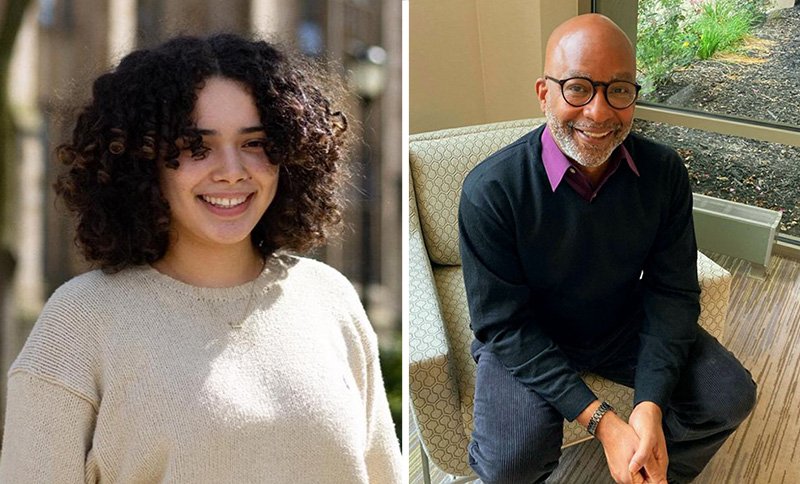 Side-by-side photos of a young woman with curly hair smiling outdoors and an older man with glasses smiling indoors sitting on a chair near a window.