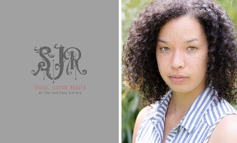 Side-by-side image of a gray logo with intricate letters reading 'Social Justice Reader' and a young woman with curly hair, wearing a striped shirt, outdoors.
