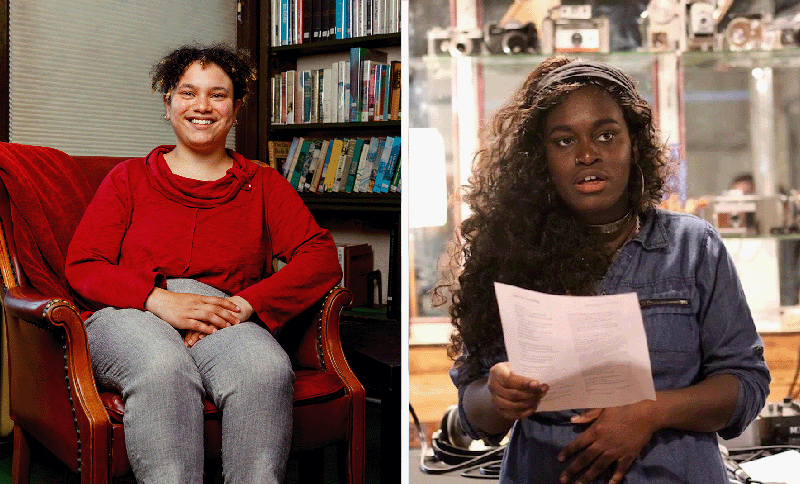 Two women, one sitting in a red armchair with a bookshelf behind her, smiling and wearing a red top and gray pants. The other standing outside in what appears to be a workshop or store, holding papers, with curly hair and wearing a blue shirt.