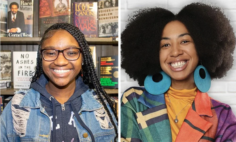 Two women smiling, one with glasses and braided hair, the other with large afro and colorful earrings, in a bookstore and against a white wall respectively.