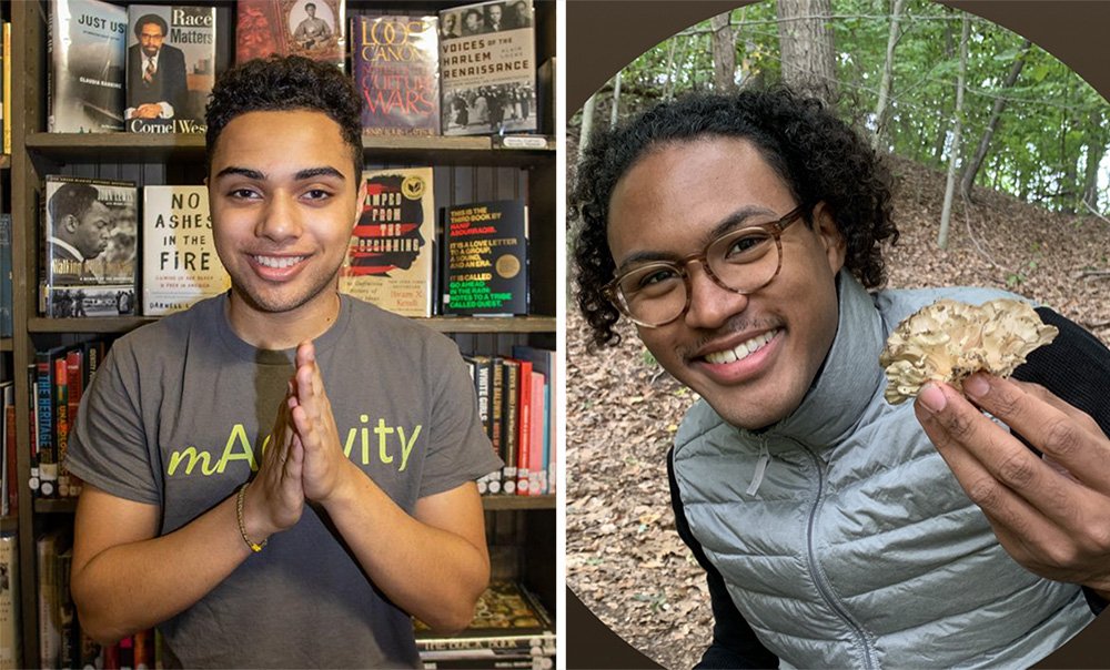A split image of two people. The left person is a young man with curly dark hair, smiling, standing in front of bookshelves with various books. The right person is a young man with curly dark hair, glasses, smiling, outdoors holding a large mushroom in a forested area.