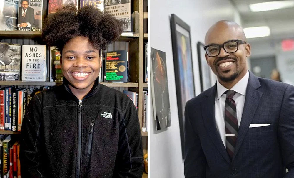 Two people, a young girl and a man, are smiling in different settings. The girl is in a bookstore, wearing a black North Face jacket, with bookshelves in the background. The man, dressed in a suit with a tie and glasses, is at an art gallery or similar venue, with artwork on the walls behind him.