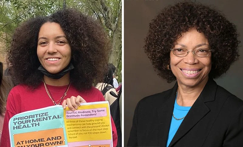 Side-by-side photos of a young woman and an older woman, both with curly hair. The young woman is outdoors, holding a health and mental wellness pamphlet, and wearing a red shirt with a black face mask pulled below her chin. The older woman is indoors, wearing glasses, a black blazer, and a blue shirt, smiling at the camera.