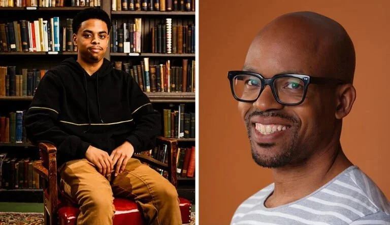 Split-screen photo of two men. The man on the left is a young African American male sitting in front of a bookshelf filled with books, dressed in a black hoodie and khaki pants. The man on the right is an older African American male with a shaved head, wearing glasses and a striped shirt, smiling against a plain brown background.