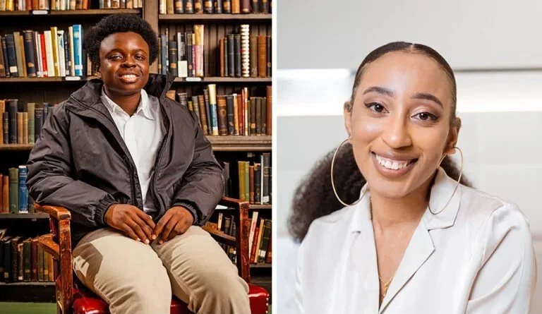 A split-screen image features a person sitting in a library on the left and a woman smiling indoors on the right. The person on the left has dark skin, short curly hair, and is wearing a brown jacket over a white shirt, seated in front of bookshelves. The woman on the right has light brown skin, long curly hair, and is wearing a white top with hoop earrings, smiling at the camera.