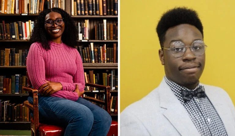 A split image showing a woman sitting in a library on the left and a young man with glasses and a checkered shirt and bow tie against a yellow background on the right.