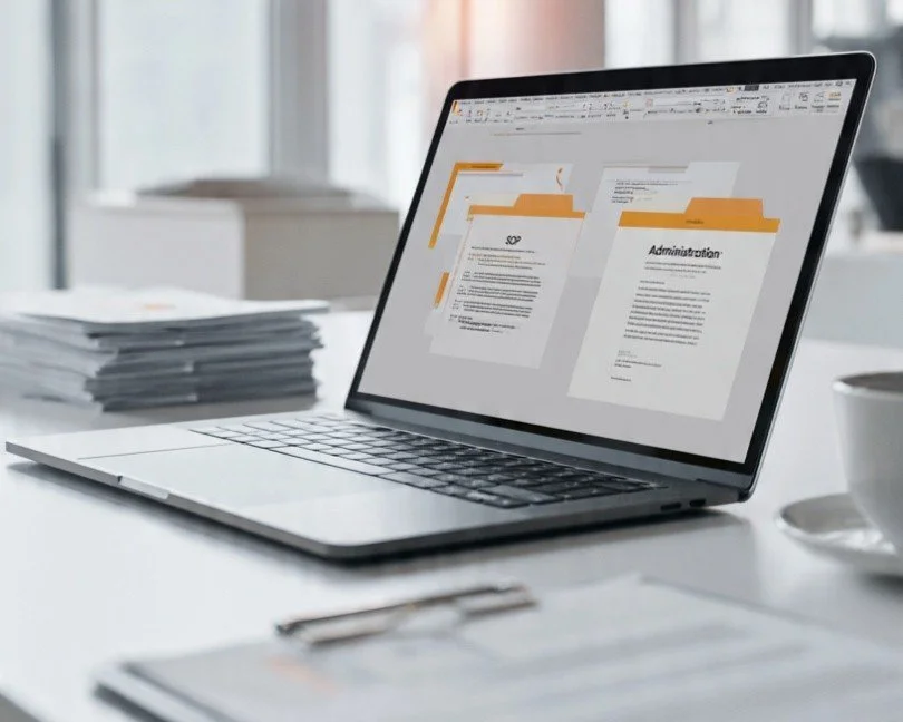 A laptop on a desk with coffee cup, files stackend, and a clipboard.