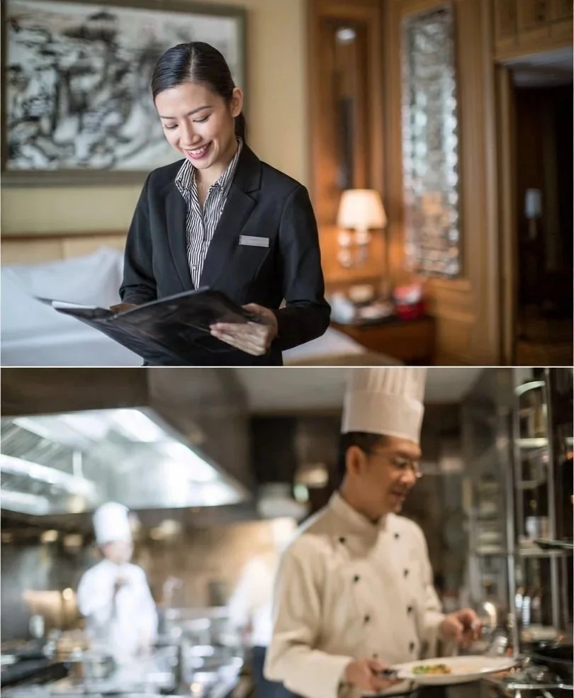 A collage of a hotel staff and a kitchen staff in two different settings.
