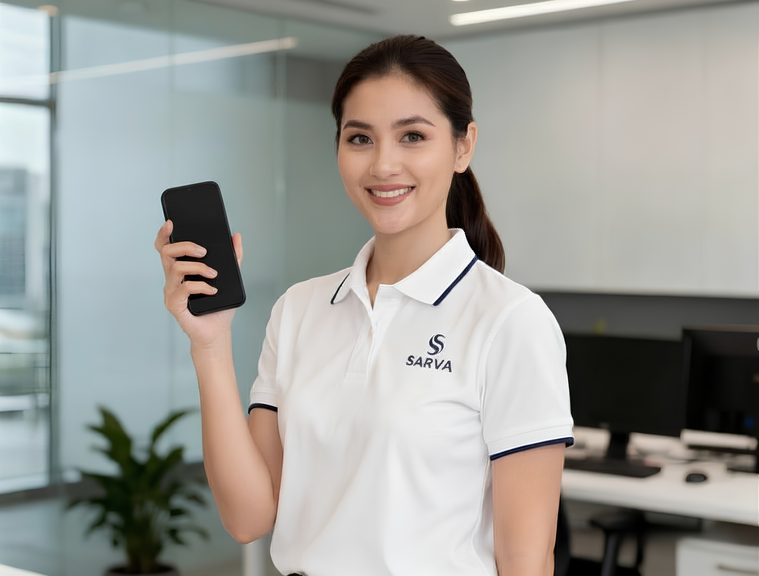 A lady with a ponytail holding a phone with white Sarva polo shirt.